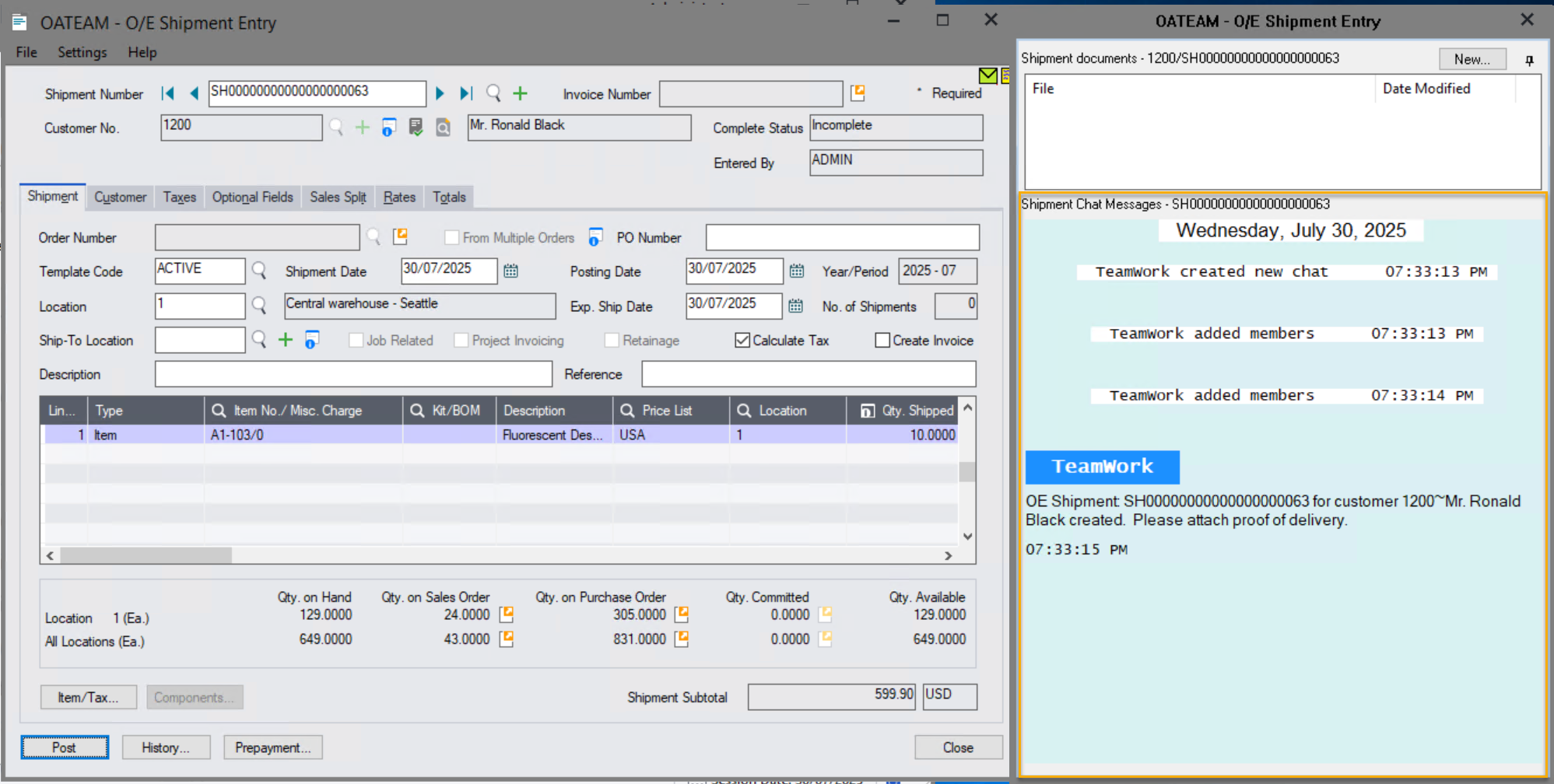 shipment notificatio nmessages in sage 300